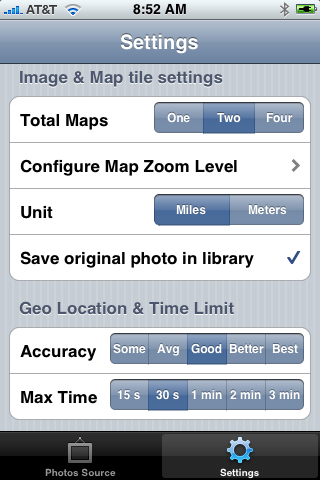 Photo+Map settings screen (full version)